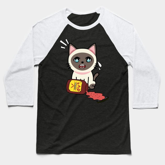 Funny siamese cat Spills BBQ Sauce Baseball T-Shirt by Pet Station